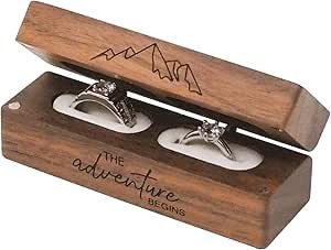 Carved flip-top wooden 2-piece wedding ring boxes - rustic vintage solid wood rectangular jewelry storage boxes